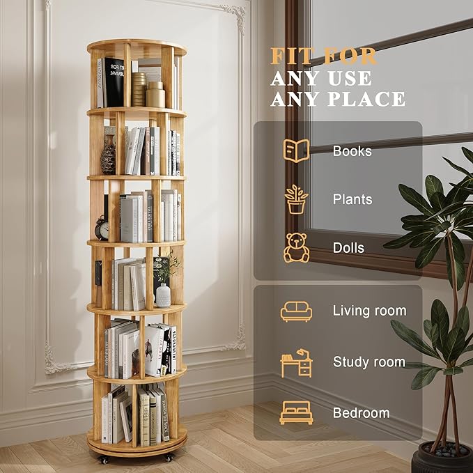 6 Tier Bookshelf Tower, 360° Solid Wood Spinning Bookcase with Swivel Wheels, Floor Standing Book Shelf for Small Space, Bookshelf for Home Office Study Room Bedroom Living Room