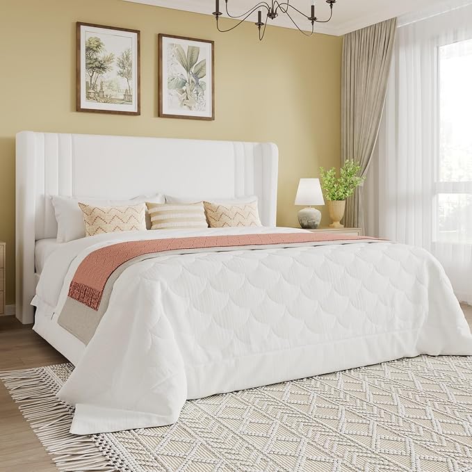 SHA CERLIN Queen Size Velvet Upholstered Platform Bed Frame with Vertical Channel Tufted Wingback Headboard, Wooden Slats Support, Easy Assembly, Under Bed Storage, No Box Spring Required, White