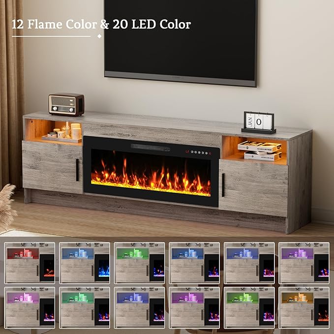 70'' TV Stand with Fireplace-Oak Grey Entertainment Center for 75+ inch TV- TV Cabinet with LED Light, Storage, High Glossy Door, Modern TV Console for Living Room