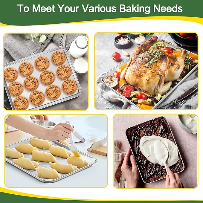 E-far Baking Pans Set of 3, 16/12.5/9.3 Inch Stainless Steel Cookie Sheet Pan for Oven, Bakeware for Brownie Lasagna Casserole Cake, Non Toxic & Easy Clean