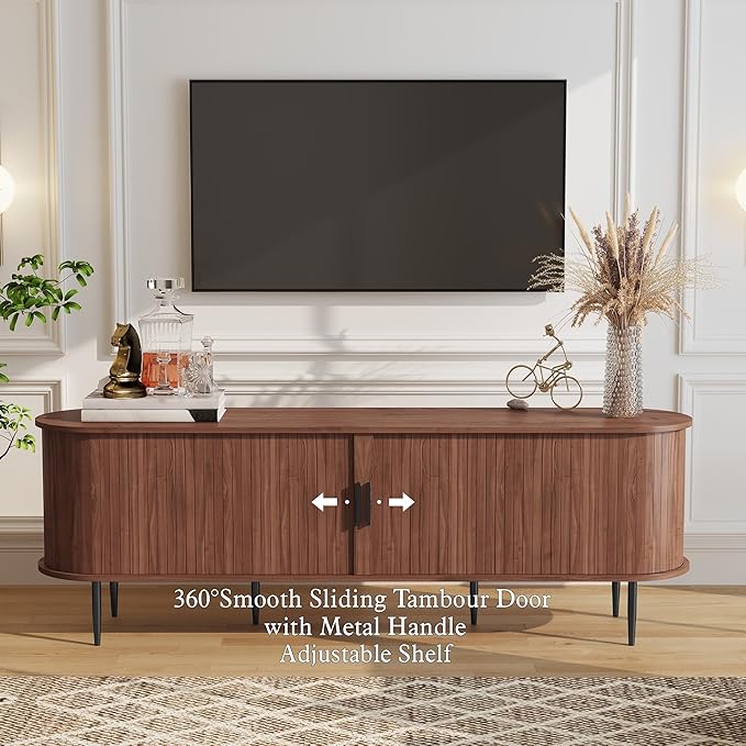 ARTPOWER 70" Modern TV Stand with Tambour Door for TVs up to 80", Entertainment Center with Storage, Fluted Television Consoles for Living Room, Brown