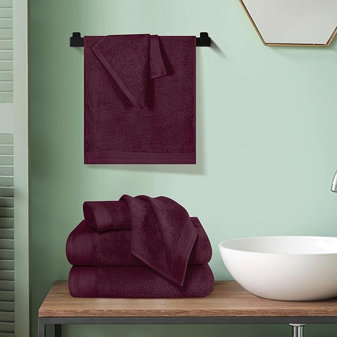 Ultra Soft 6 Pack Cotton Towel Set, Contains 2 Bath Towels 28x55 inch, 2 Hand Towels 16x24 inch & 2 Wash Coths 12x12 inch, Ideal Everyday use, Compact & Lightweight - Burgundy
