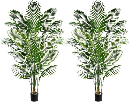 2 Pack Artificial Palm Tree 6FT Artificial Plants Indoor Tropical Fake Palm Tree Areca Floor Plant in Black Pot with 18 Trunks & Real Bark Design, Faux Palm Plant for Outdoor Patio Home Office Decor