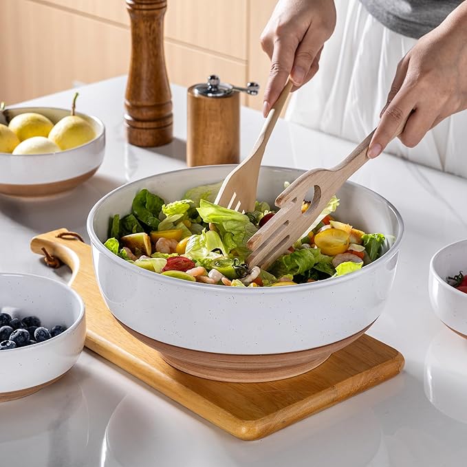 AmorArc 9.8’’ Extra Large Ceramic Salad Bowls, 90 OZ Serving Bowls Set of 2, Stoneware Oversized Bowls with Rustic Terracotta Underside for Salad, Soup and Dinner. Large Bowls for Entertaining&Gift