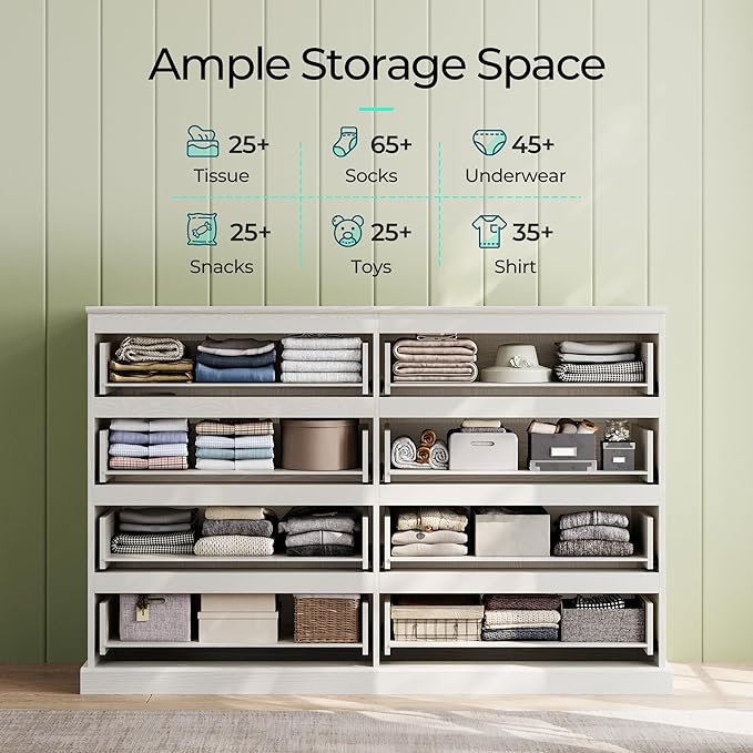 LINSY HOME 8 Drawer Dresser for Bedroom, 53" Wide Chest of Deep Drawers, Modern Farmhouse TV Stand Dressers with Storage, Large Drawer Organizer for Bedroom, Living Room, Handless Design, White