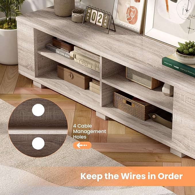 Giantex Modern TV Stand for TVs up to 65 Inch, Wood Entertainment Center w/ 8 Open Storage & Adjustable Shelves, Television Stands w/Cable Holes, TV Console Table for Living Room Bedroom (White Oak)