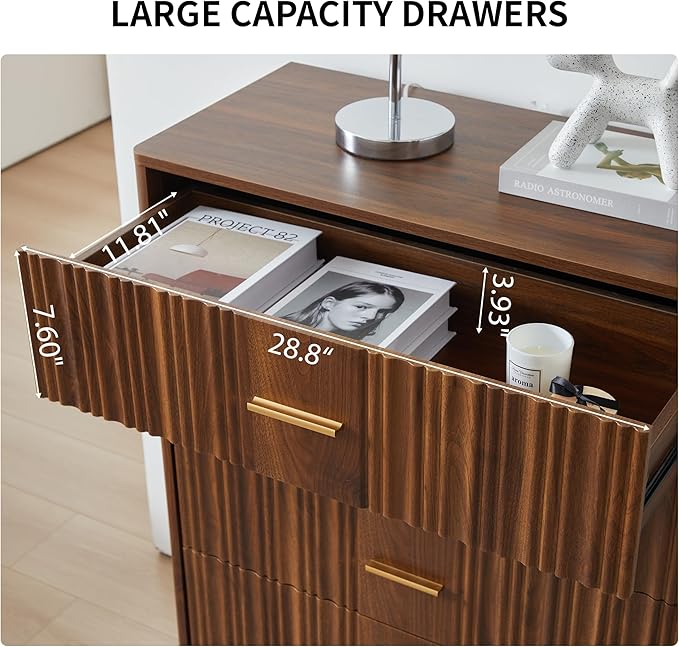 Fluted 5 Drawers Dresser for Bedroom, Wooden Tall Storage Dresser, Modern Chest of Drawers with Metal Handle, Curved Profile Wood Closet Clothes Storage Organizer for Living Room, Hallway, Walnut
