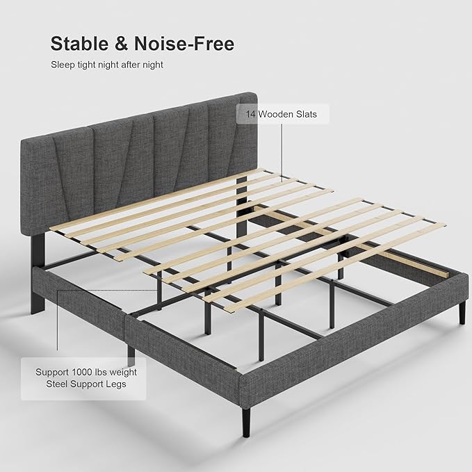 Queen Size Bed Frame with Fabric Upholstered Headboard, Platform Bed with Wooden Slats Support, Fully Mattress Foundation, Box Spring Optional, Easy Assembly