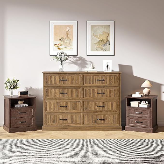 Farmhouse Dresser and Nightstand Sets 3 Piece, Nightstands Set of 2 & 8 Drawers Dresser for Bedroom, 55" Wide and 24" Inch Night Stand Set for Bedroom, Living Room, Hallway, Brown