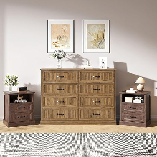 Farmhouse Dresser and Nightstand Sets 3 Piece, Nightstands Set of 2 & 8 Drawers Dresser for Bedroom, 55" Wide and 24" Inch Night Stand Set for Bedroom, Living Room, Hallway, Brown
