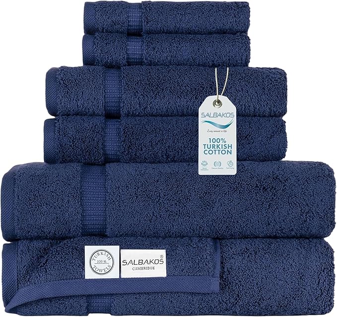 SALBAKOS - Luxury 6 Piece Towel Set, 100% Turkish Cotton, Quick Drying, Highly Absorbent & Comfy, Includes 2 Bath Towels, 2 Hand Towels & 2 Washcloths | (Navy)