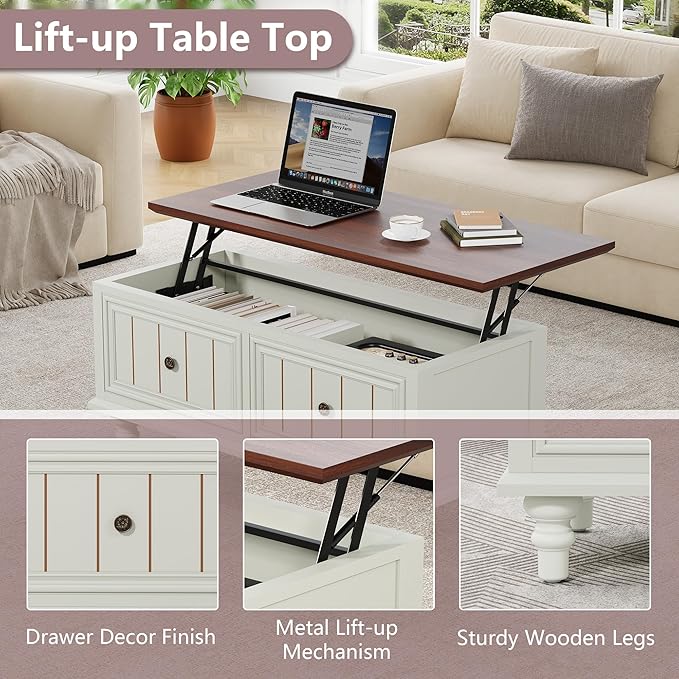 39" Lift Top Coffee Table for Hidden Compartment, Wood Coffee Tables with Shelf, Farmhouse Rectangular Center Table Dining Table for Living Room Home Office Small Space (Beige)