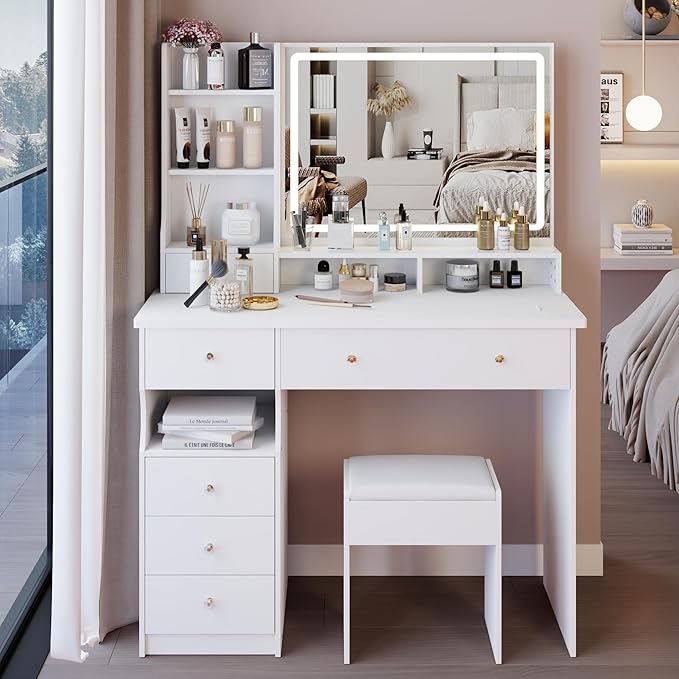 41" Vanity Desk with Mirror and Lights, Makeup Table with Led Mirror, 3 Lighting Colors, Vanity Set with 6 Drawers and Stool for Bedroom, White