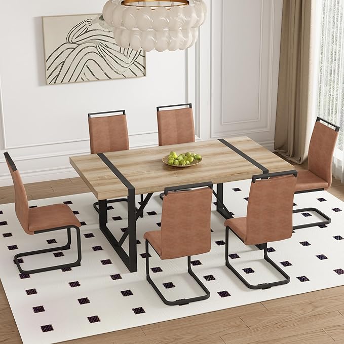 Dining Table Chairs Set for 6, Modern Rectangular Dining Room Table Set PU Leather Upholstered Dining Chairs 71" Dinner Table Set for Kitchen, Dining Room (71 Inch Brown Table+6 Chairs)