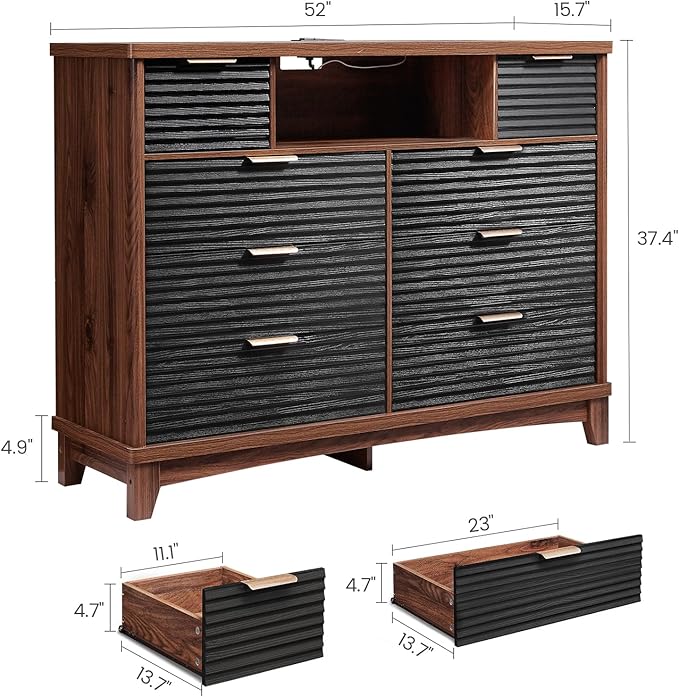 AOGLLATI Black Dresser for Bedroom with Slanted Louvre Design,Retro Chest of Drawers with Charging Station, Wooden Led Wide Tall 8 Drawer Dresser for Bedroom,Living Room, Hallway, Black & Brown