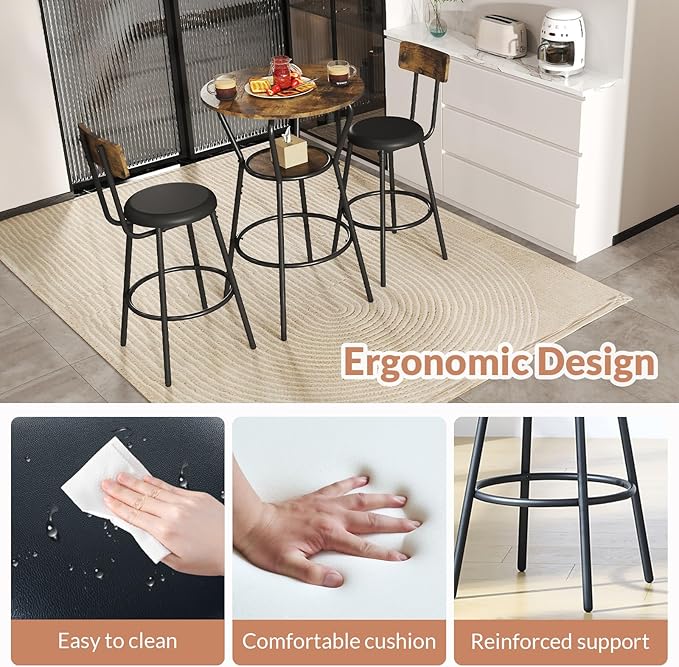 3-Piece Round Bar Table and Chair Set, Small Dining Table for 2, Breakfast Table with 2 Upholstered Stools, Modern Kitchen Bar Table, for Kitchen, Dining Room & Bistro-Rustic Brown