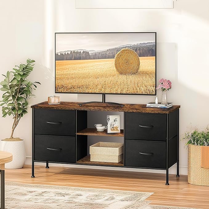 TV Stand for Bedroom, Television Stand for TV up to 46 Inch Entertainment Center Dresser with 4 Drawers Open Storage Shelves for Living Room, Entryway (Black and Rustic Brown)