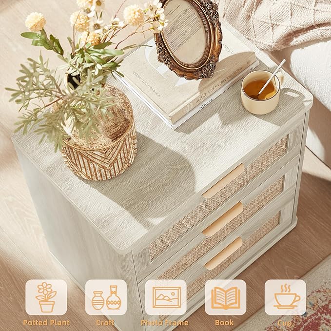 LEYAOYAO Rattan Night Stand Set 2 with Drawers, 23" Large Boho Nightstand, 3 Drawer Grey White Bedside Table Storage Cabinet, Bed Side End Tables Chest of Drawers, Living Room, Hallway, Closet