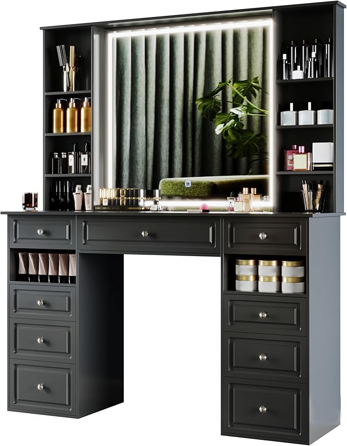 Vanity Desk with Mirror and Lights,47" Vanity Table with 9 Drawers, 10 Open Shelves, Makeup Vanity with HD Lighted Mirror for Bedroom, Brightness Adjustable, Makeup Storage (Black, A Panel)