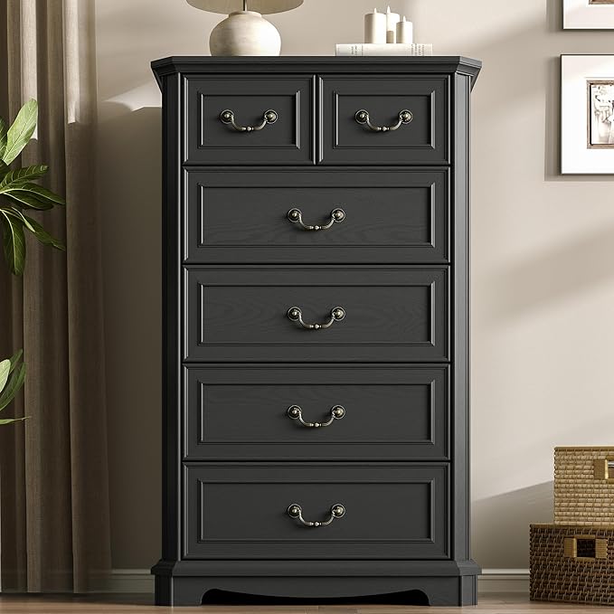 Farmhouse 6 Drawer Dresser for Bedroom, Tall Rustic Chest of Drawers with Metal Handle, Wood Vintage Storage Tower Cabinet, Wooden Closet Storage Dressers Organizer for Living Room, Hallway, Black