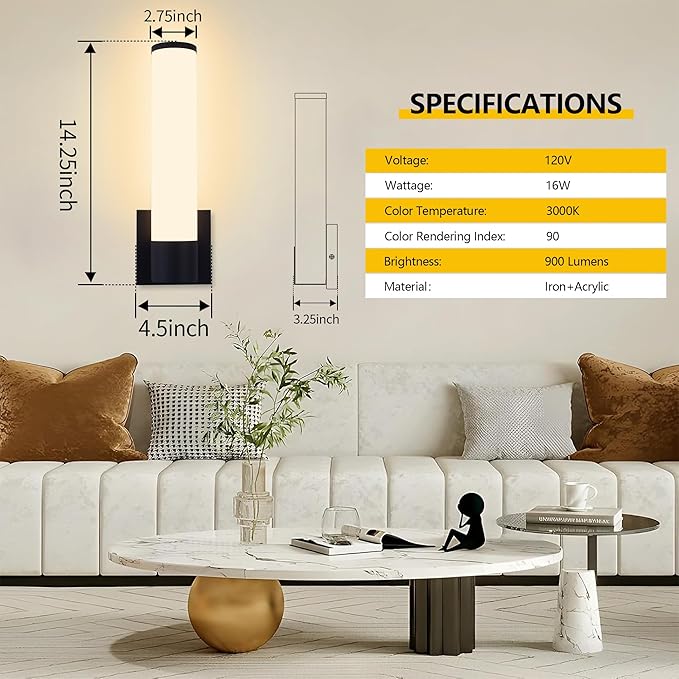 Kalium 14in LED Modern Wall Sconces, Dimmable Bathroom Vanity Lights, 3000K Warm White, Indoor Sconces, Bathroom, Stairs, Living Room, Bedroom. Hardwired.