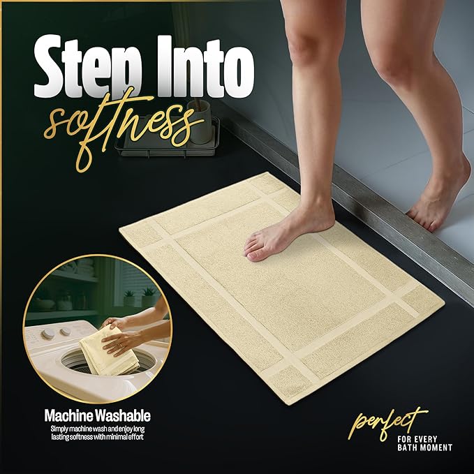 Pearl Linens Pack of 2 100% Cotton Bath Mat 20x30 inches, Soft & Absorbent Quick Dry Bathroom Mat Set, Not Bathroom Rugs, After Shower Mat, Bath Tub Mat, 687 GSM, Machine Washable, Beige