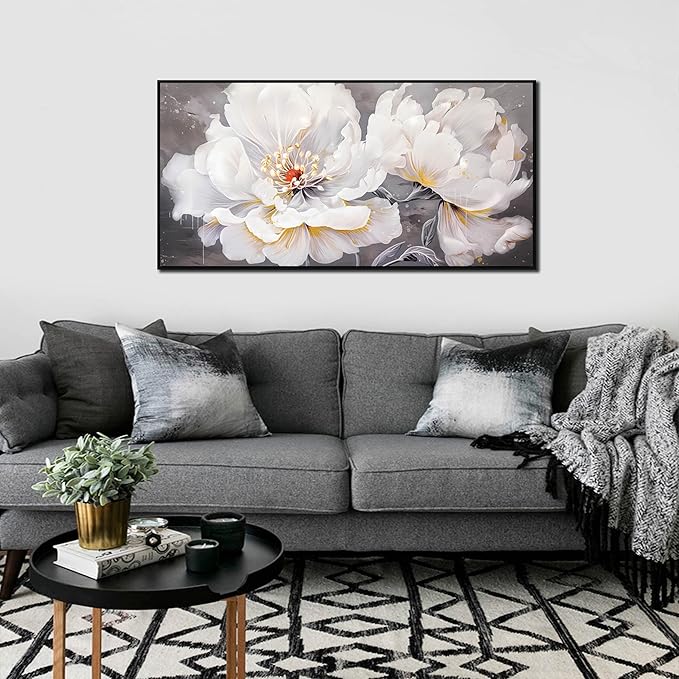 Flower Canvas Wall Art for Living Room - Modern White Wall Art for Bedroom - Black Framed Wall Art Size 20" x 40"