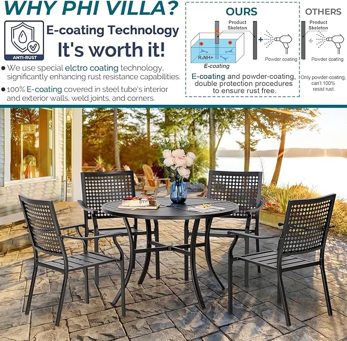 PHI VILLA 5 Pieces Outdoor Round Dining Set for 4, Steel Circle Table with Umbrella Hole & Stacking Wrought Iron Chairs, Morden Dining Furniture Set for Patio, Deck, Yard, Porch