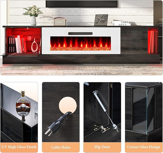 AMERLIFE Glossy Oak Fireplace TV Stand with 40" Fireplace, 80" LED Lights Entertainment Center with Flip Doors & Corner Glass Decor, Modern TV Console Table for TVs up to 90", Living Room, Black&White