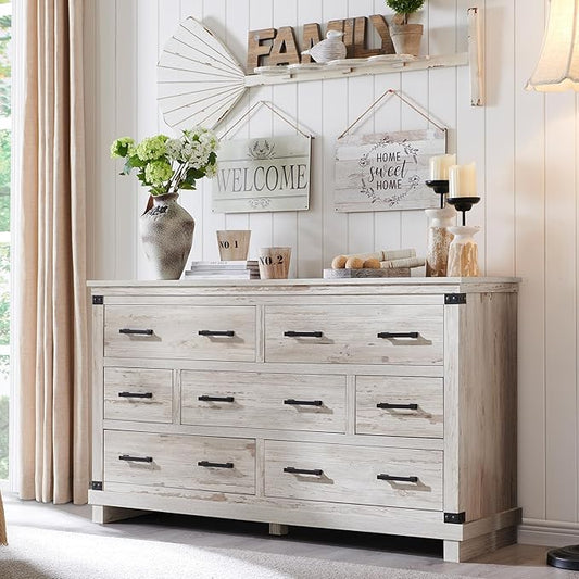 Farmhouse 7 Drawers Dresser for Bedroom, Wood Large Chest of Drawers with Thick Plank Styling, Rustic Closet Dresser for Bedroom, Living Room, Antique Brush White