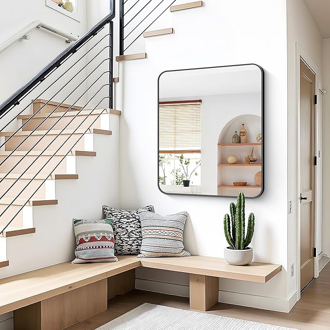 Bathroom Mirror, 36 x 30 inch Metal Framed Black Rectangle Mirror, Rounded Corner Rectangular Vanity Mirror, Wall Mounted Mirror for Modern Bedroom Living Room Hangs Horizontal or Vertical