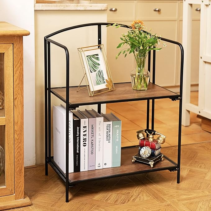 Crofy No Assembly Folding Bookshelf for Living Room, 2 Tier Black Collapsible Book Shelf for Home Office, Portable Bookcase Storage Organizer