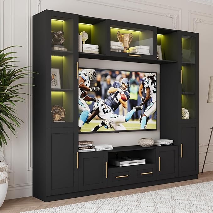 94" Wall Unit Entertainment Center for TVs up to 70", Modern TV Console with LED Lights, Multifunctional TV Stand with Tempered Glass Door, Drawers & Shelves for Living Room, Black