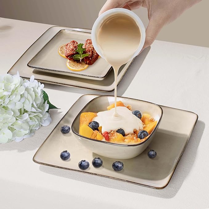 Herogo Stoneware Plates and Bowls Sets for 4, 12 Pieces Modern Square Dinnerware, Reactive Glaze Dishes Set for Kitchen, Chip Resistant, Microwave & Dishwasher Safe, Cream Khaki