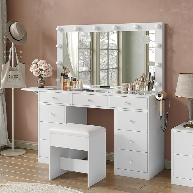 Vanity Desk & Power Outle, Makeup Vanity with Mirror and 12 LED Lights, 9 Drawers Makeup Table with Fold-up Panel, Vanity Set 3 Lighting Modes Brightness Adjustable (White)