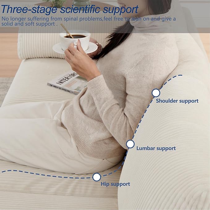 79 inch Sofa for Living Room,Mid Century Modern Couch with Big Pockets, Corduroy Couch with Three Cushions and Solid Wood Frame for Apartment and Small Spaces (Beige, Sofa)