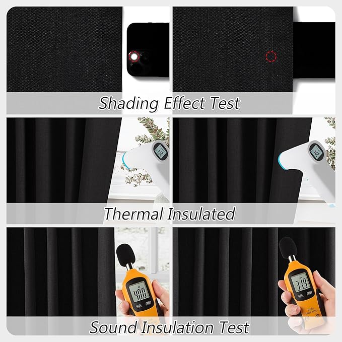 Guken Black Linen Blackout Curtains 72 Inch Length 2 Panels Set for Living Room Bedroom Back Tab Thermal Insulated 100% Black Out Linen Drapes Room Darkening Window Curtains 72 Inches Long
