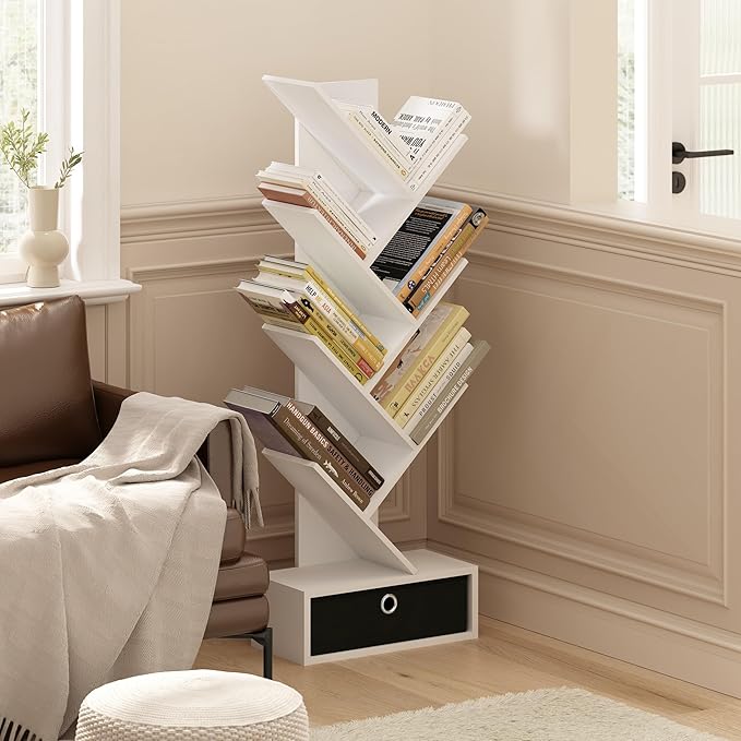 Furinno Tree Book Shelf, 7-Tier Bookshelf, Tree Bookcase with Bin Drawer, 8.4 x 16.9 x 46.2, for Living Room, Bedroom, Home Office, White/Black