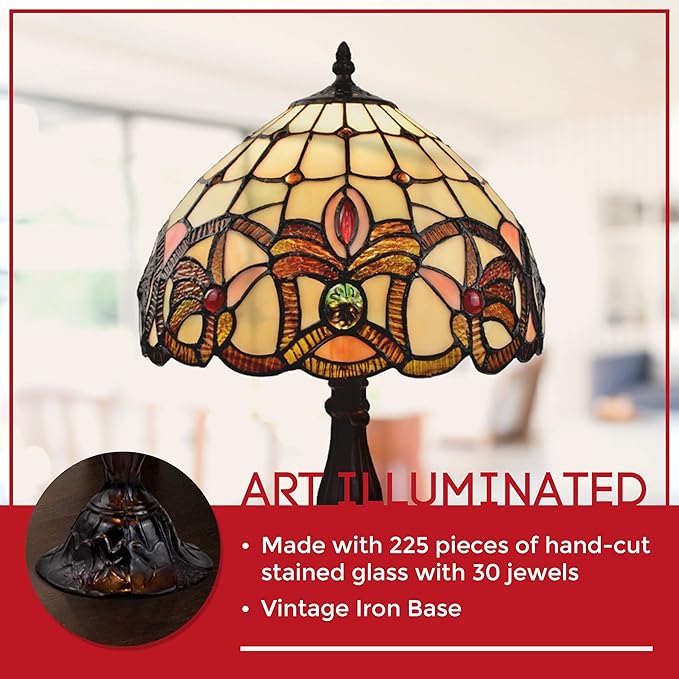 Amora Vintage Tiffany Table Lamp - Frosted White Stained Glass Nightstand Lamp - Geometric Table Night Light - 19” Stained Glass Lamps for Living Room