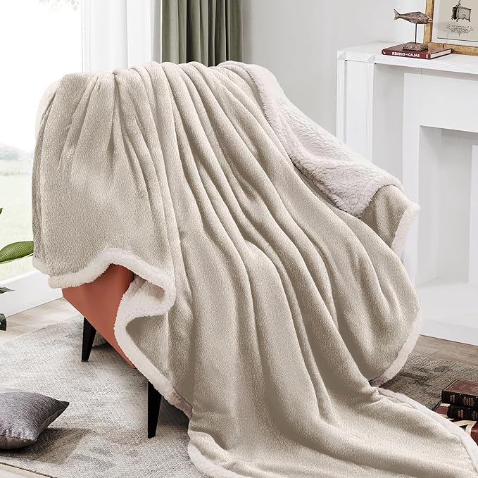 BEAUTEX Sherpa Beige Cream Fleece Throw Blankets, Soft Fluffy Flannel Plush Blanket and Throw, Fuzzy Cozy Cuddle Blankets for Couch Bed Sofa Adults (50" x 60")