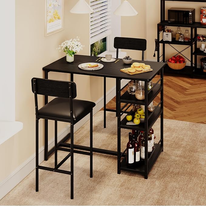CABIHOME Dining Table Set for 2, Kitchen Table and Upholstered Chairs for 2, 3 Piece Counter Height Bar Table Set with 3 Large Storage Shelves for Small Space, Apartment, Studio, Rustic Black