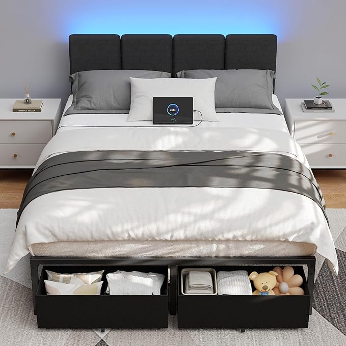 Furnulem Full Size Bed Frame with Headboard,Upholstered Bed Full with LED Light,USB Charging Station,Platform Bedframe with 2 Fabric Underbed Storage Drawers,No Spring Box Needed