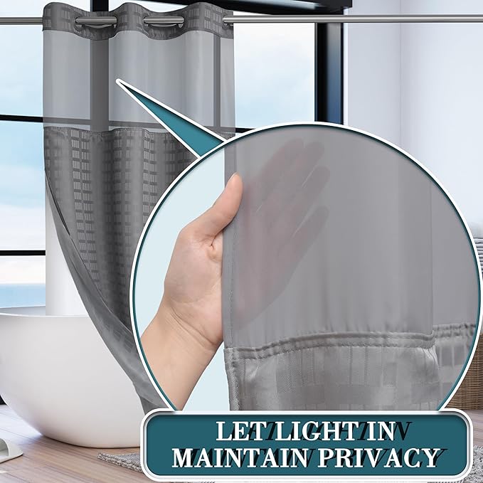 Conbo Mio Stall No Hook Shower Curtain with Snap in Liner Set, Hotel Luxury Grey Shower Curtains for Bathroom with See Through Top Window, Waterproof, Washable 36W x 74H