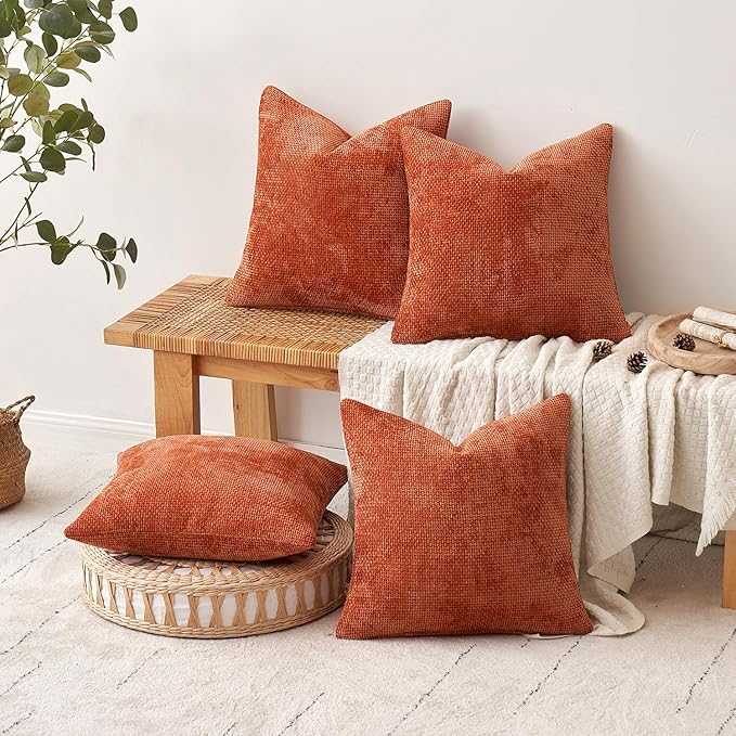 MIULEE Fall Pack of 4 Couch Throw Pillow Covers 18x18 Inch Burnt Orange Soft Decorative Chenille Pillow Covers Farmhouse Accent Cushion Covers for Boho Home Decor Sofa Bedroom Living Room