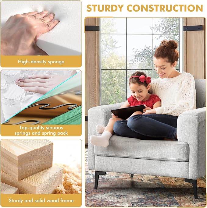 CDCASA Accent Chair, Linen Fabric Oversized Mid Century Modern Chair Set of 2, Comfy Upholstered Armchair Reading Accent Chairs Sofa Chairs for Bedroom Living Room, Light Gray