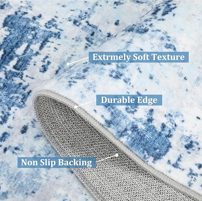 Modern Abstract 2x8 Area Rug Non Slip Non Shedding Low Pile Stain Resistant Rug for Hallway Kitchen Bedroom Non Shedding,Light Blue
