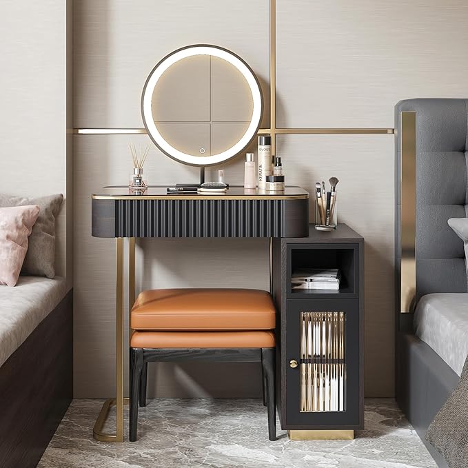 Lartis Makeup Vanity, with LED Makeup Mirror, Three Adjustable Light Levels, Tempered Teal Glass countertop,White Wax Wood Makeup Stool