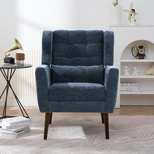 Accent Chair, Comfy Upholstered Living Room Chairs with High Tufted Backrest and Pillow, Wingback Reading Chair with Solid Wood Legs for Bedroom/Office, Chenille Fabric, Dark Blue