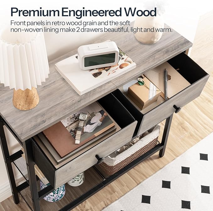 HOOBRO 29.5" Narrow Console Table with 2 Fabric Drawers, Sofa Table, Small Entryway Table with 3-Tier Storage Shelves, Behind Couch Table, for Living Room, Hallway, Greige and Black BG72XG01
