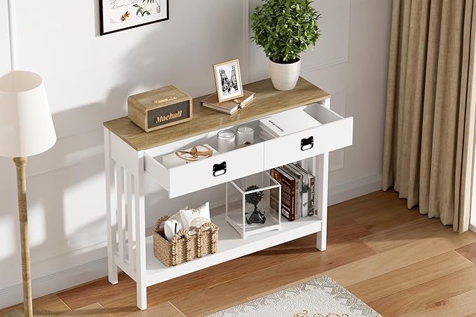 Entryway Table with Drawer & Shelves, Console Tables for Entryway, Modern Farmhouse Sofa Table with Reinforced Support Design, Rustic Wooden Hallway Accent Table, White